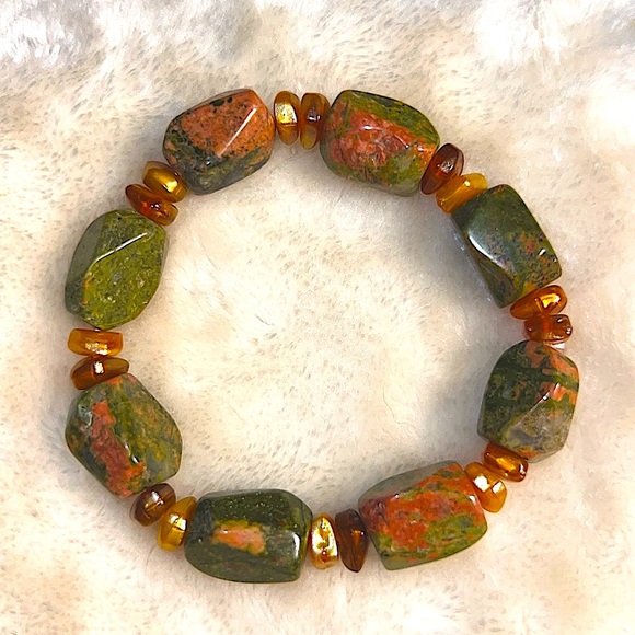 NWOT 💚🩷 LEE SANDS? VTG QVC BEADED STRETCH BRACELET w/GREEN & PINK JASPER STONES - Picture 3 of 5